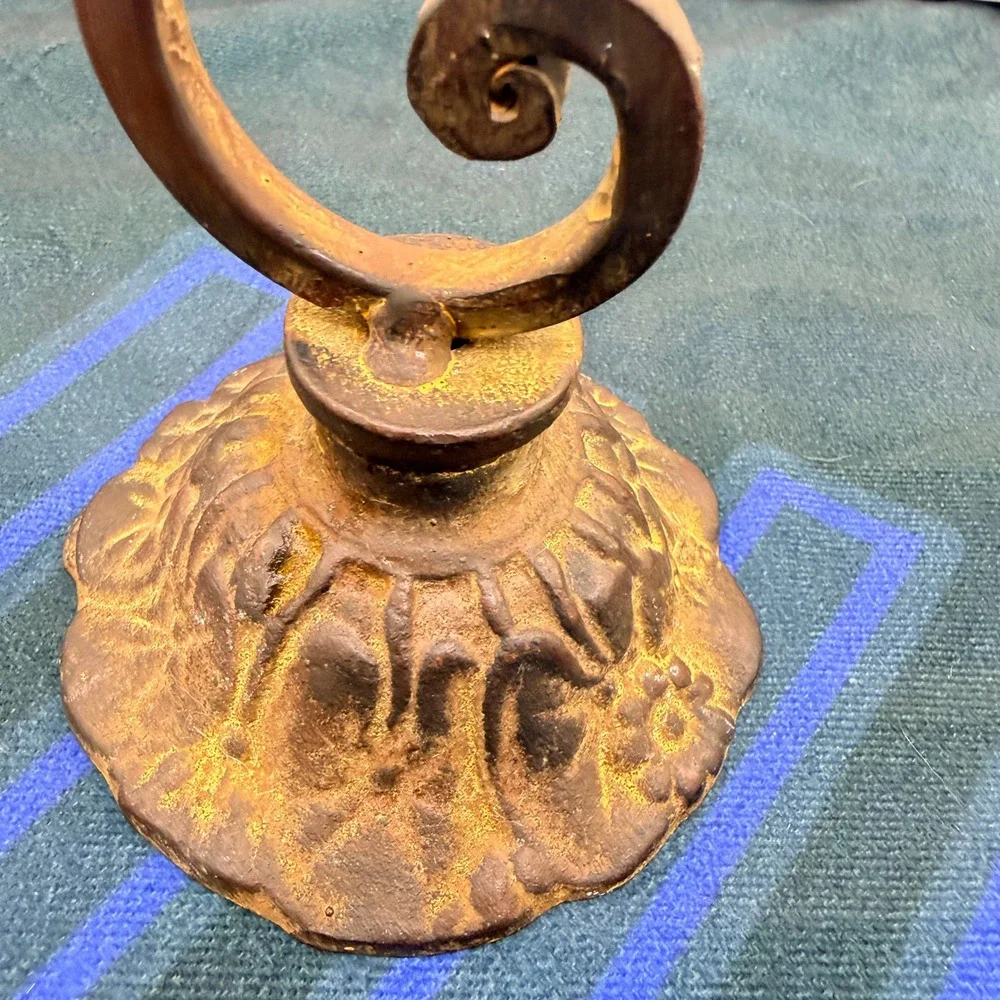 Vtg Cast Iron Pillar Candle Holder Stand Scroll Wrought Metal Rustic Gold 11